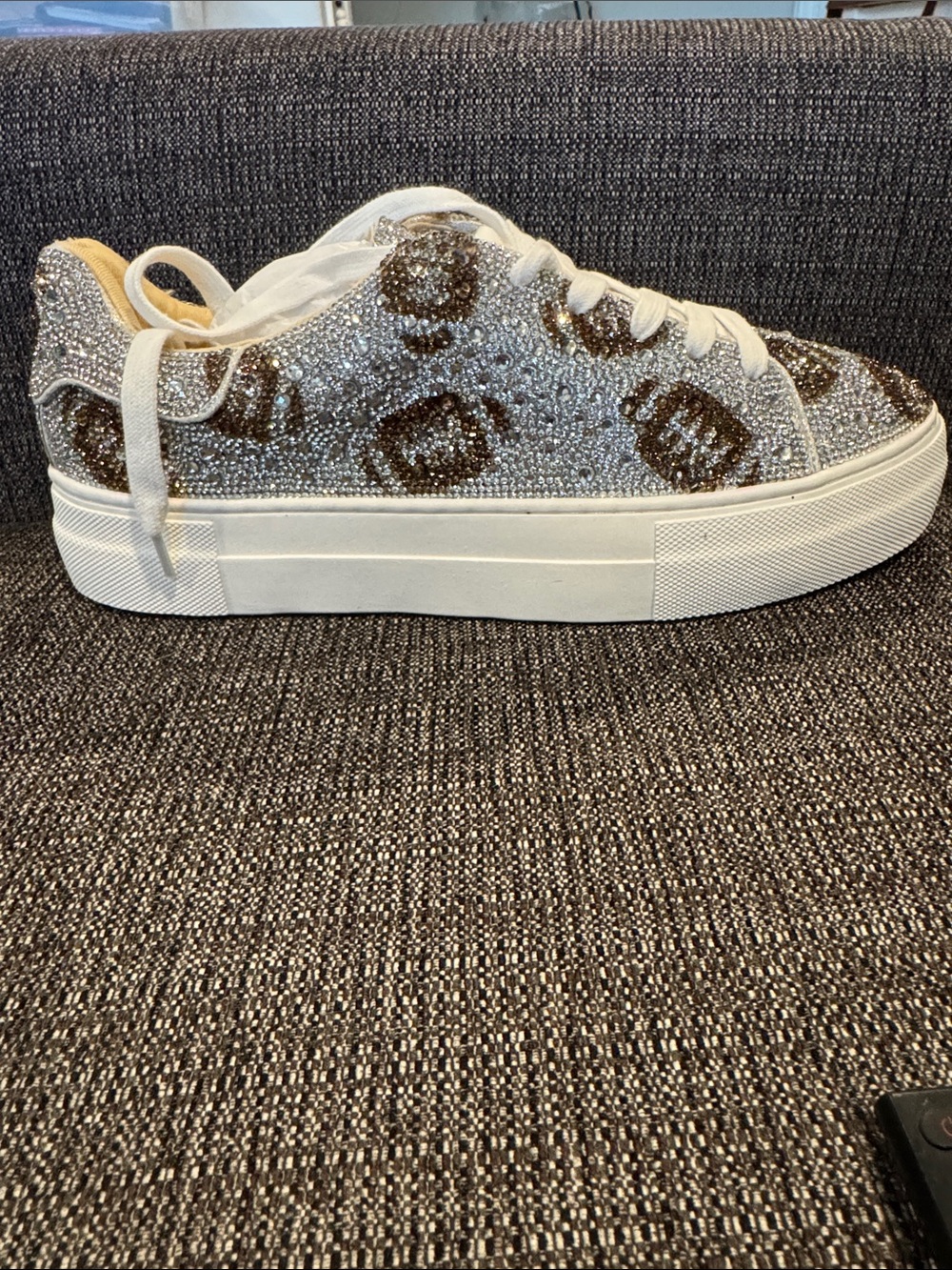 Platform Rhinestone Football Print Sneakers - White/Brown